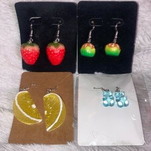 4 Novelty Earrings: Strawberry, Lemon, Fruit & Blue Gummy Bear Earrings - BNWT